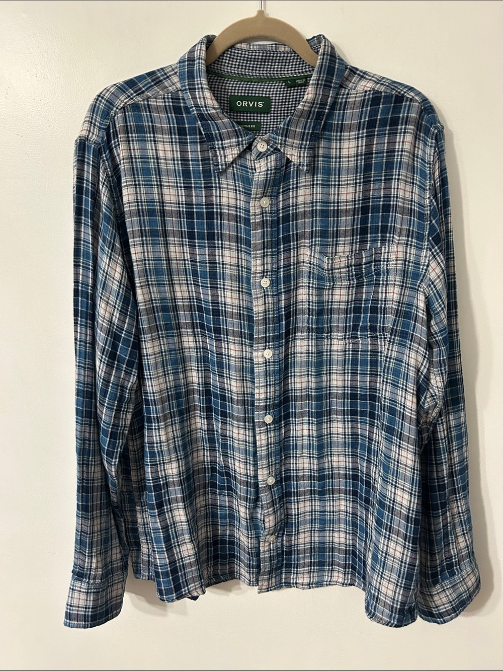 Orvis Plaid/Checked Gauzy Lightweight Button Down Men's Large Cotton Long Sleeve